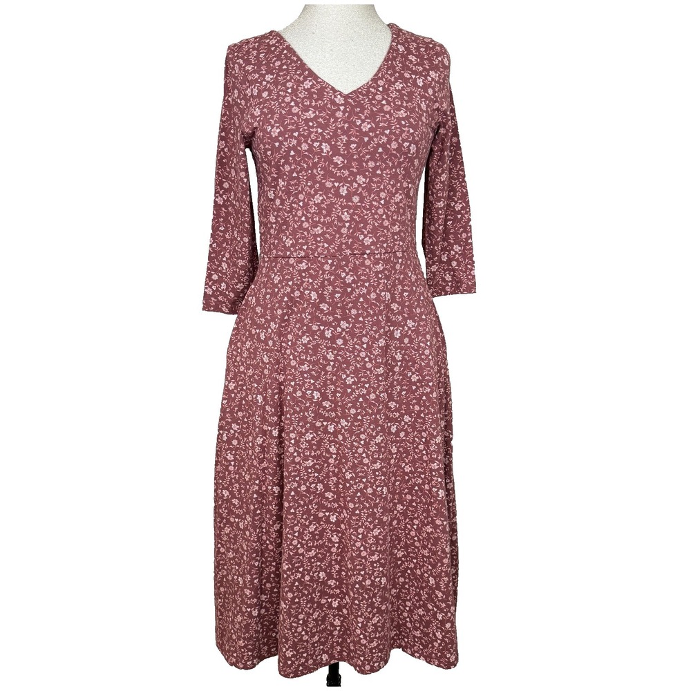 Pact Dress Women L Pink Floral 3/4 Sleeve Fit & Flare Midi Jersey Organic Cotton